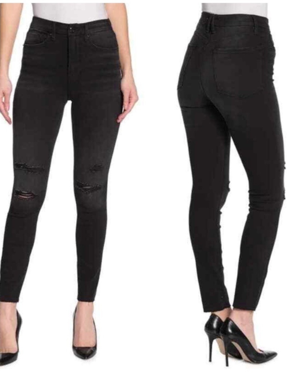 Good American Black Distressed Raw Hem Good Waist Skinny Jeans